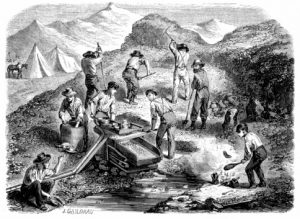 Miners using sluice box in California during gold rush